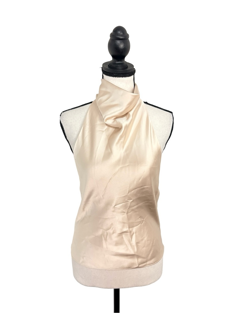 Zara Satin High Neck Open Back Halter Top XS Champagne Beige NWT